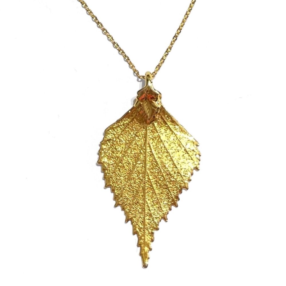 VTG Real Leaf Pendant Necklace Gold Tone Metal Dipped 18" Chain Hippie Nature